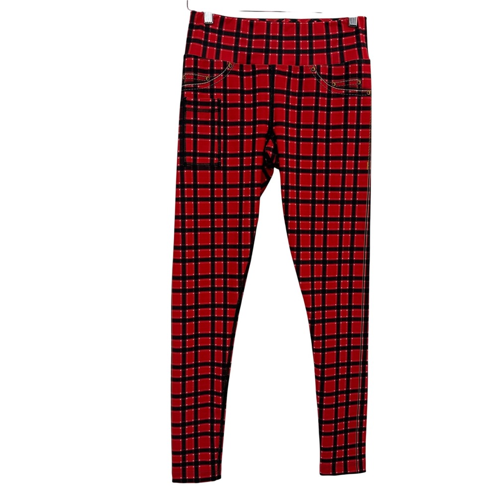 InkNBurn Leggings Womens 8 Red Plaid High Waisted Athletic Running Pocket *